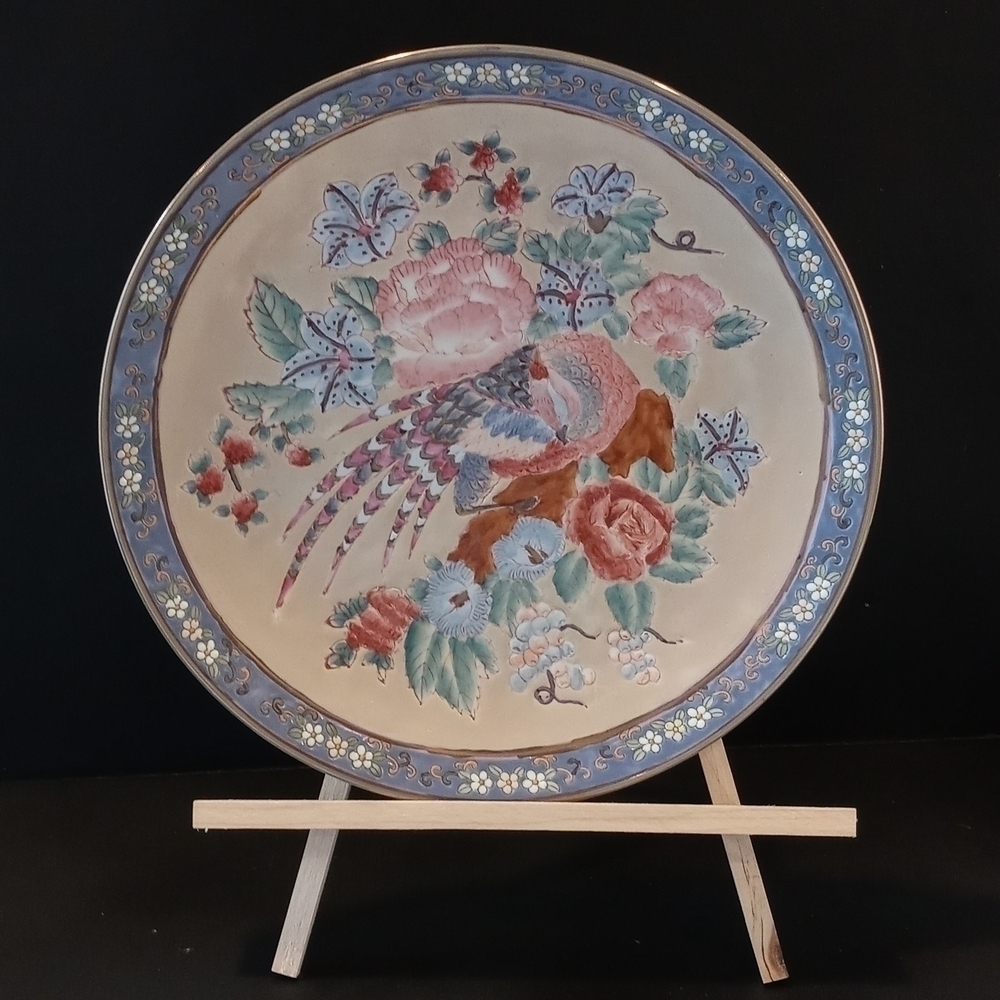 Hand painted decorative plate with phesant and floral